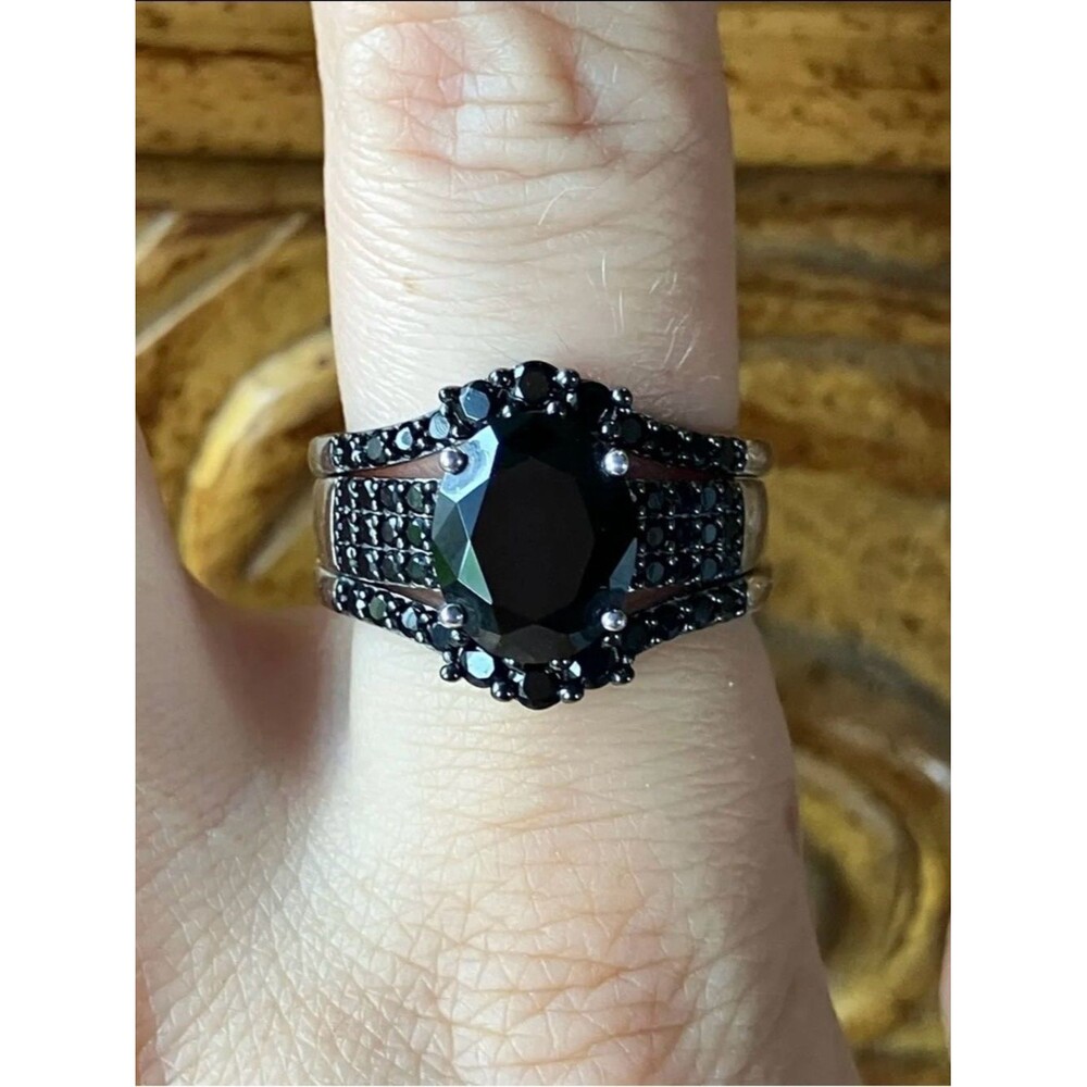 Natural Black Spinel Sterling Silver Ring Set Size 8.75